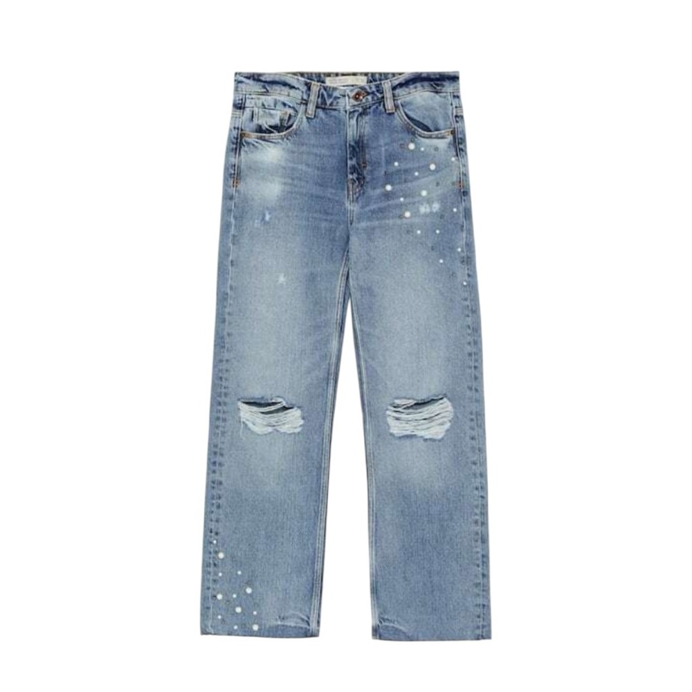 Zara Light Blue Straight Leg Jeans with Distressed Knees and Pearl Detail
